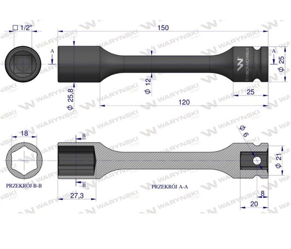 Nasadka udarowa 1/2", sześciokątna slim ze stali CrMo 18mm długość 150 mm, stosowane w mechanice do kluczy udarowych, Waryński