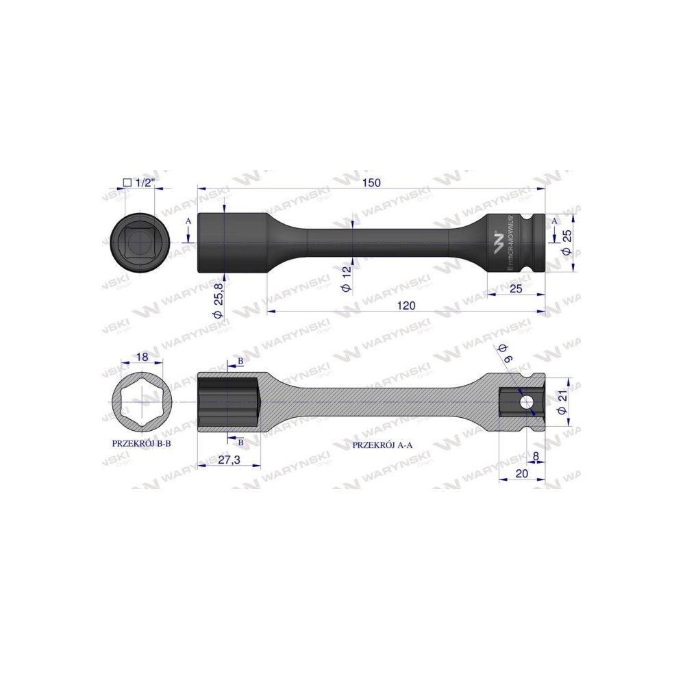 Nasadka udarowa 1/2", sześciokątna slim ze stali CrMo 18mm długość 150 mm, stosowane w mechanice do kluczy udarowych, Waryński