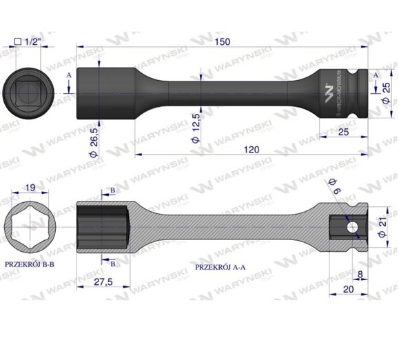 Nasadka udarowa 1/2", sześciokątna slim ze stali CrMo 19mm długość 150 mm, stosowane w mechanice do kluczy udarowych, Waryński