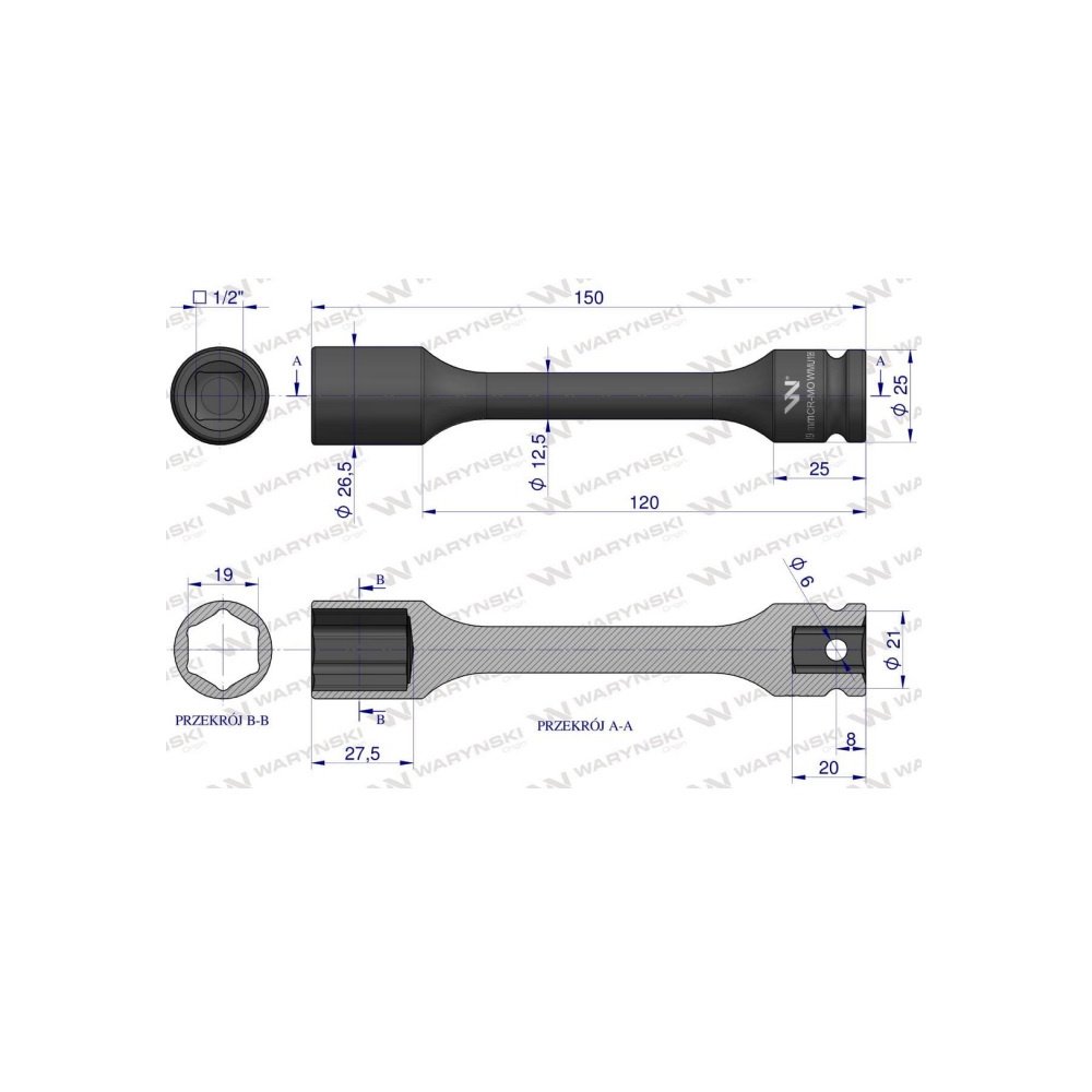 Nasadka udarowa 1/2", sześciokątna slim ze stali CrMo 19mm długość 150 mm, stosowane w mechanice do kluczy udarowych, Waryński