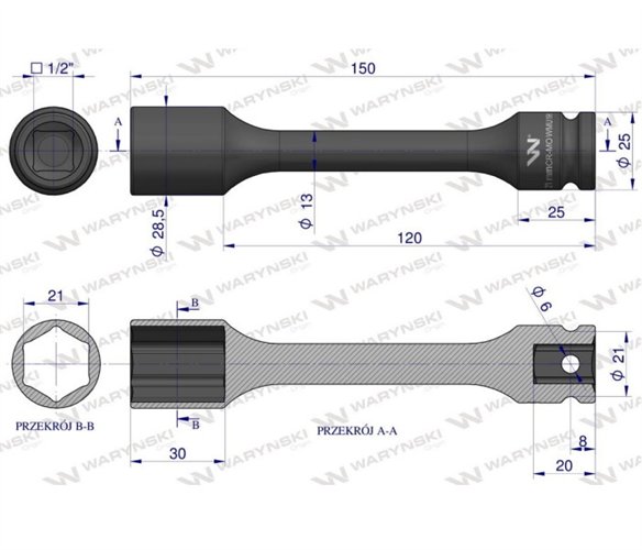 Nasadka udarowa 1/2", sześciokątna slim ze stali CrMo 21mm długość 150 mm, stosowane w mechanice do kluczy udarowych, Waryński