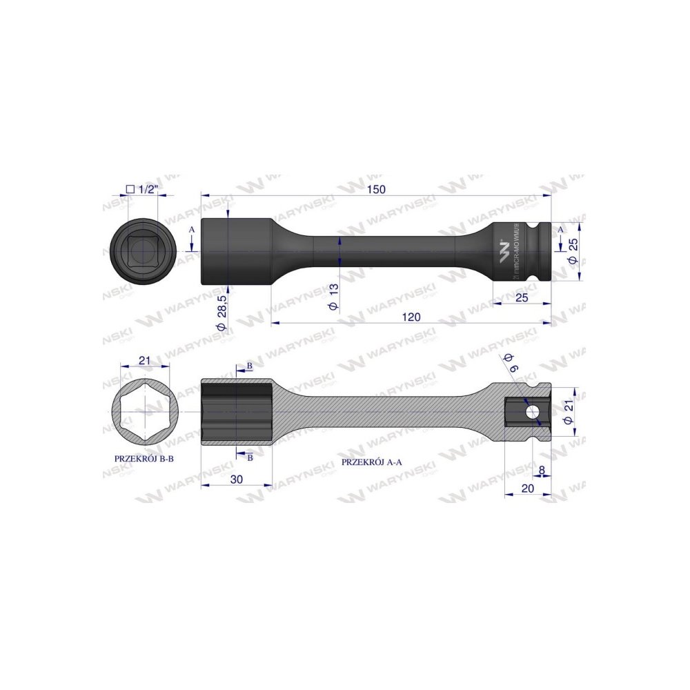 Nasadka udarowa 1/2", sześciokątna slim ze stali CrMo 21mm długość 150 mm, stosowane w mechanice do kluczy udarowych, Waryński