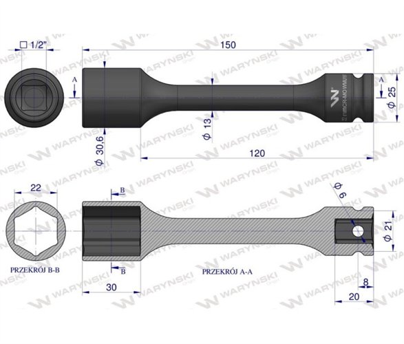 Nasadka udarowa 1/2", sześciokątna slim ze stali CrMo 22mm długość 150 mm, stosowane w mechanice do kluczy udarowych, Waryński