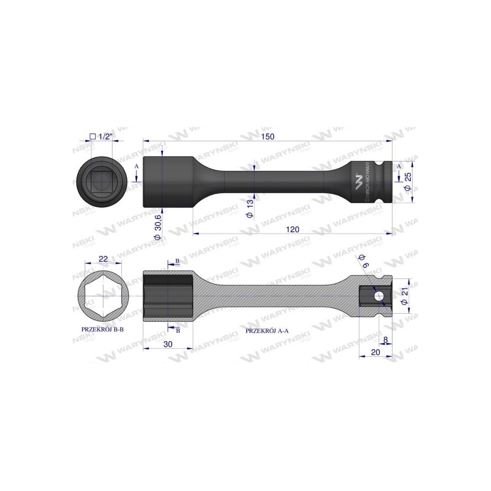 Nasadka udarowa 1/2", sześciokątna slim ze stali CrMo 22mm długość 150 mm, stosowane w mechanice do kluczy udarowych, Waryński