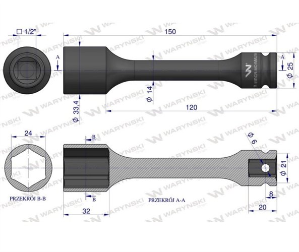 Nasadka udarowa 1/2", sześciokątna slim ze stali CrMo 24mm długość 150 mm, stosowane w mechanice do kluczy udarowych, Waryński