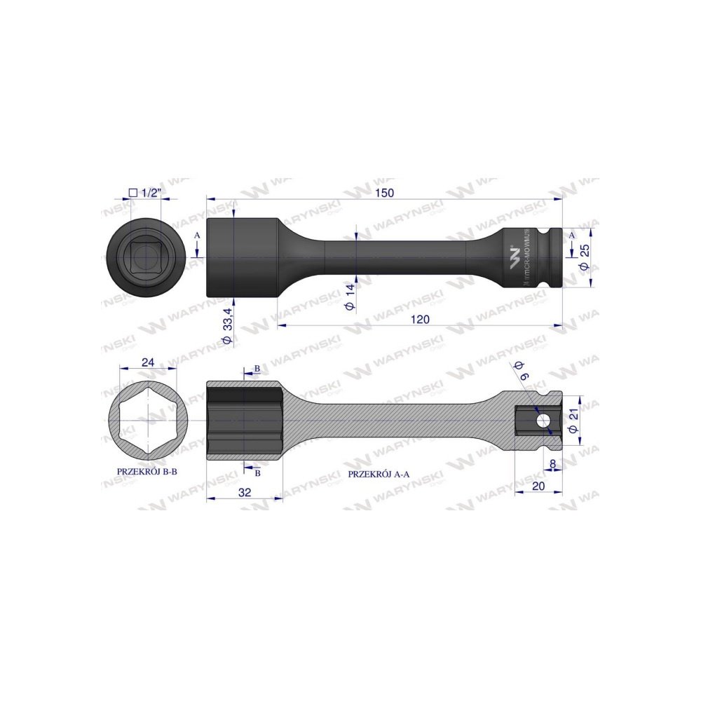 Nasadka udarowa 1/2", sześciokątna slim ze stali CrMo 24mm długość 150 mm, stosowane w mechanice do kluczy udarowych, Waryński