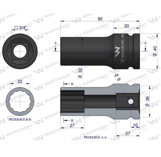 Nasadka udarowa 3/4" dwunastokątna ze stali CrMo 22mm bardzo długa D90 SLIM Waryński