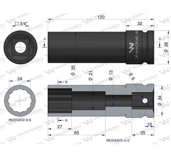 Nasadka udarowa 3/4" dwunastokątnaze stali CrMo 24mm bardzo długa D120 SLIM Waryński