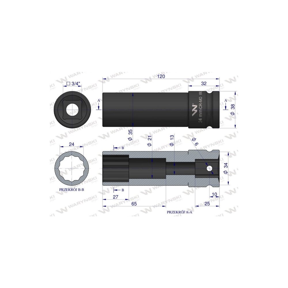 Nasadka udarowa 3/4" dwunastokątnaze stali CrMo 24mm bardzo długa D120 SLIM Waryński