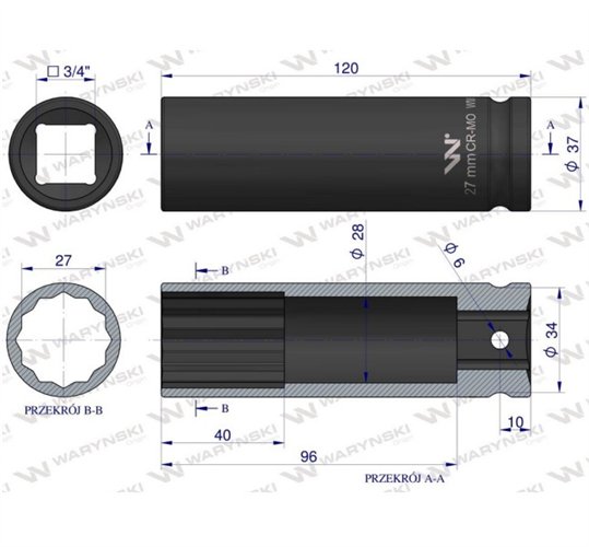 Nasadka udarowa 3/4" dwunastokątnaze stali CrMo 27mm bardzo długa D120 SLIM Waryński