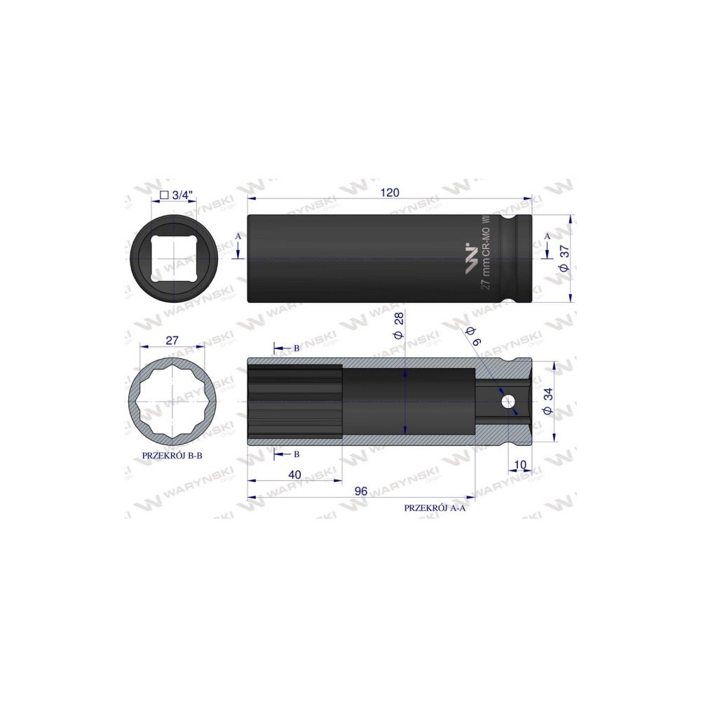 Nasadka udarowa 3/4" dwunastokątnaze stali CrMo 27mm bardzo długa D120 SLIM Waryński