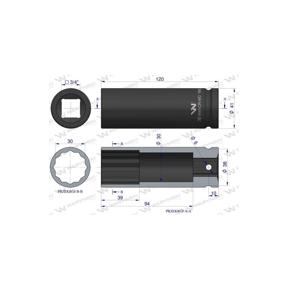Nasadka udarowa 3/4" dwunastokątna ze stali CrMo 30mm bardzo długa D120 SLIM Waryński