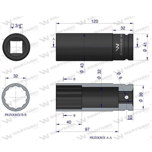 Nasadka udarowa 3/4" dwunastokątna ze stali CrMo 32mm bardzo długa D120 SLIM Waryński