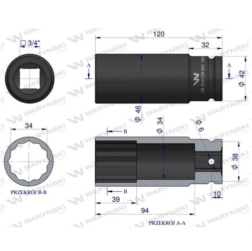Nasadka udarowa 3/4" dwunastokątna ze stali CrMo 34mm bardzo długa D120 SLIM Waryński
