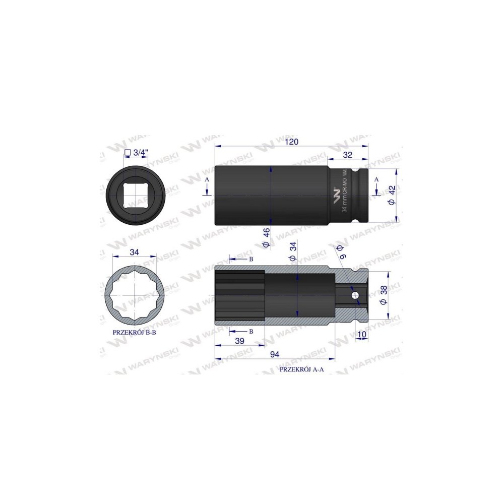 Nasadka udarowa 3/4" dwunastokątna ze stali CrMo 34mm bardzo długa D120 SLIM Waryński