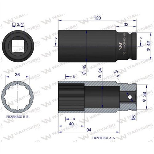Nasadka udarowa 3/4" dwunastokątna ze stali CrMo 36mm bardzo długa D120 SLIM Waryński