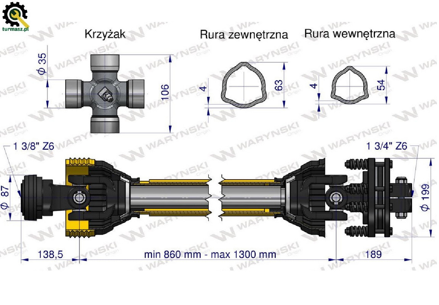 Wał przegubowo-teleskopowy 860-1300mm 1240Nm sprzęgło cierne 1700Nm Z6 - 1 3/4 CE 2020 seria 8R Waryński