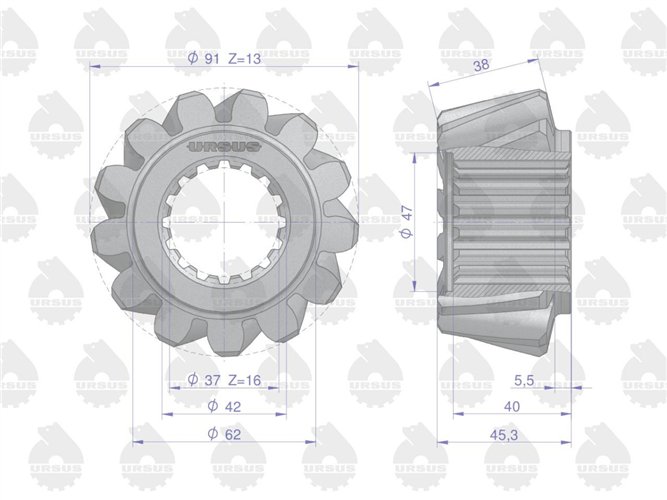 Para kół ataku 46625070 Zetor C-360 nity FI-8 (ząb skośny) ORYGINAŁ URSUS