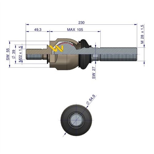 Przegub kierowniczy 230mm- M22x1.5 M28x1.5 3957095 WARYŃSKI