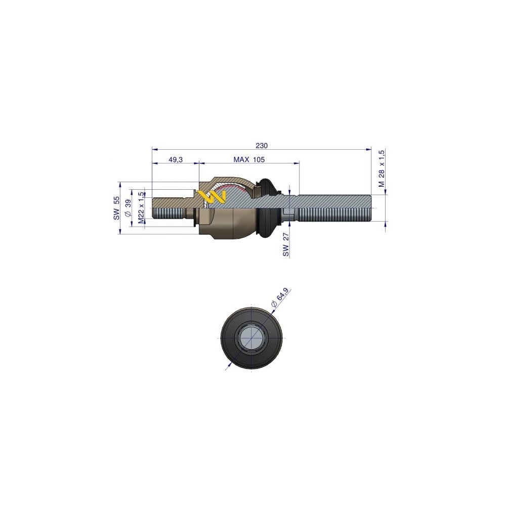 Przegub kierowniczy 230mm- M22x1.5 M28x1.5 3957095 WARYŃSKI