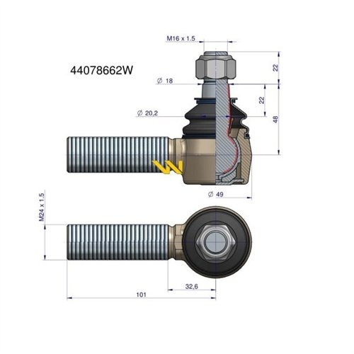Przegub kierowniczy prawy M24x1.5 44078662 WARYŃSKI