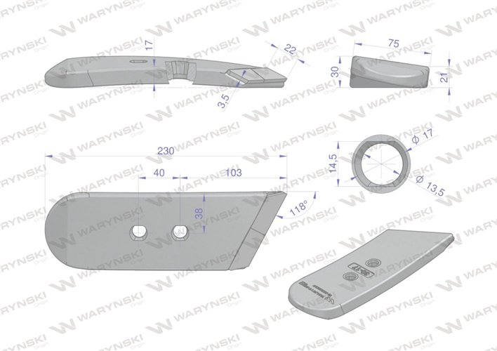 Dłuto. nakładka lemiesza prawa zastosowanie Kverneland z węglikiem wolframu WARYŃSKI MAXX