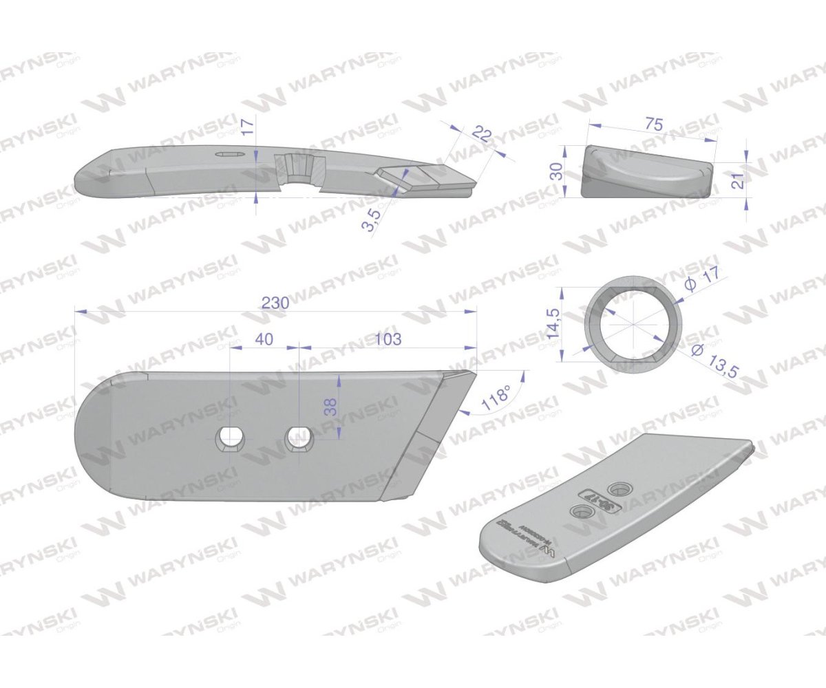 Dłuto. nakładka lemiesza prawa zastosowanie Kverneland z węglikiem wolframu WARYŃSKI MAXX