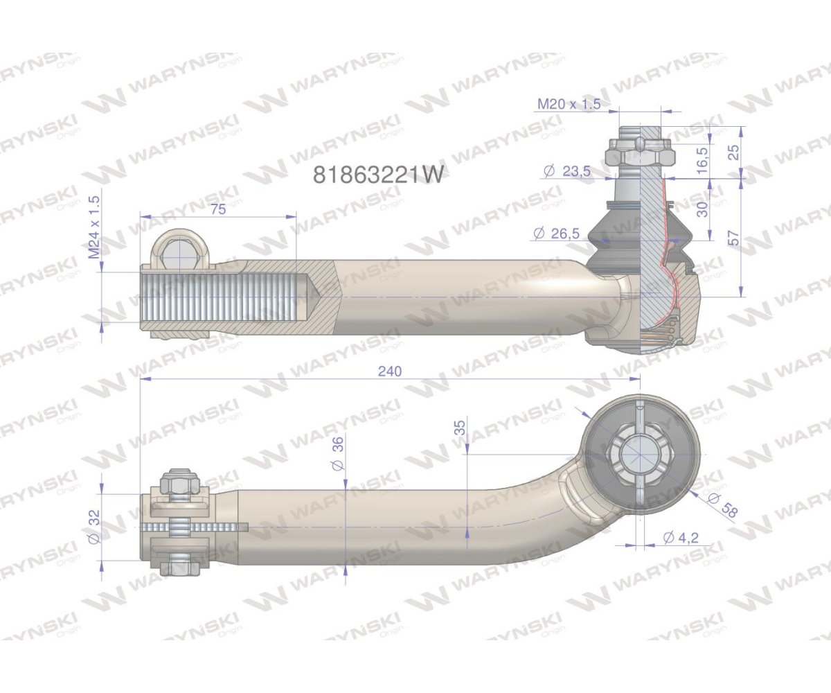 Przegub kierowniczy prawy M24x1.5L 81863221 WARYŃSKI