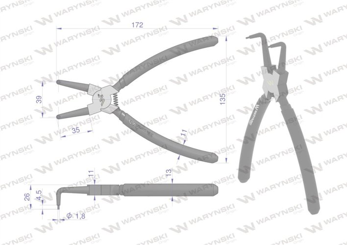 Szczypce do pierścieni osadczych 200 mm wewnętrzne wygięte Waryński
