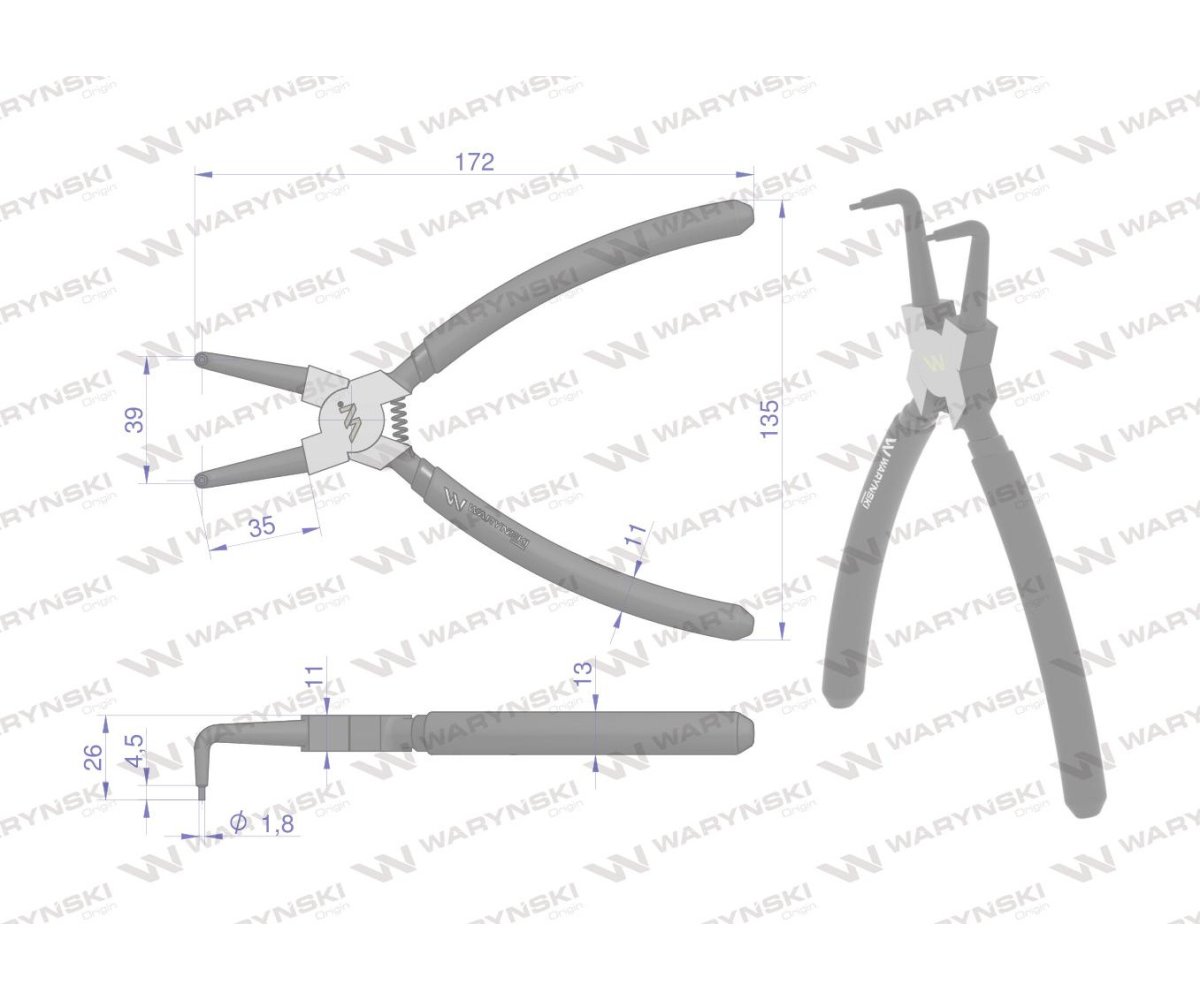 Szczypce do pierścieni osadczych 200 mm wewnętrzne wygięte Waryński