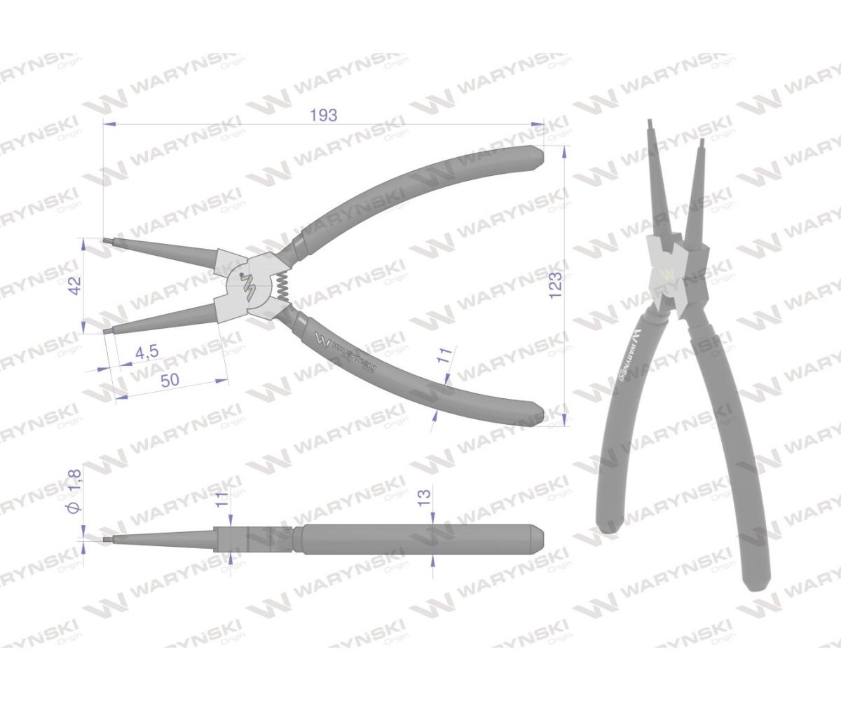 Szczypce do pierścieni osadczych 200 mm wewnętrzne proste Waryński