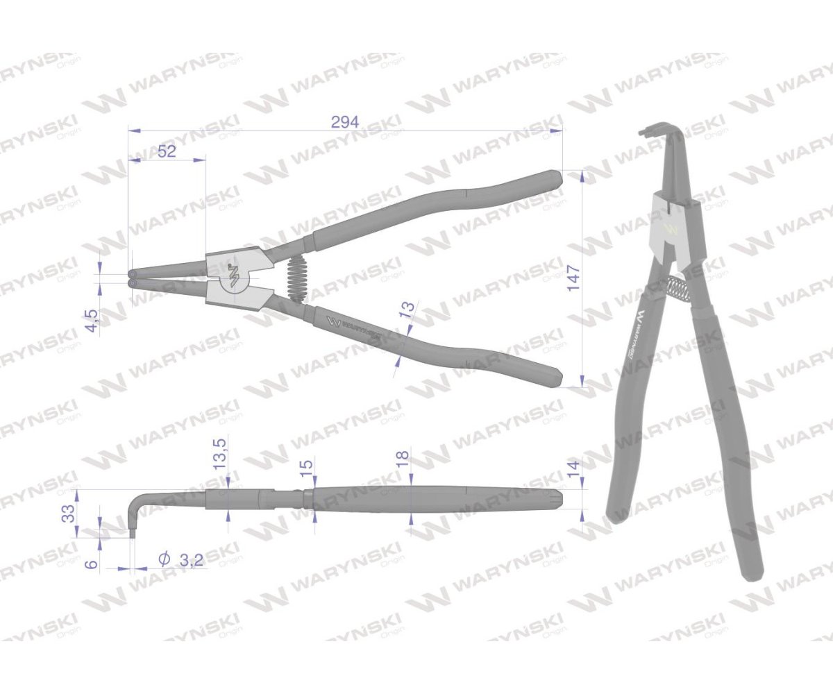 Szczypce do pierścieni osadczych 300 mm zewnętrzne wygięte Waryński