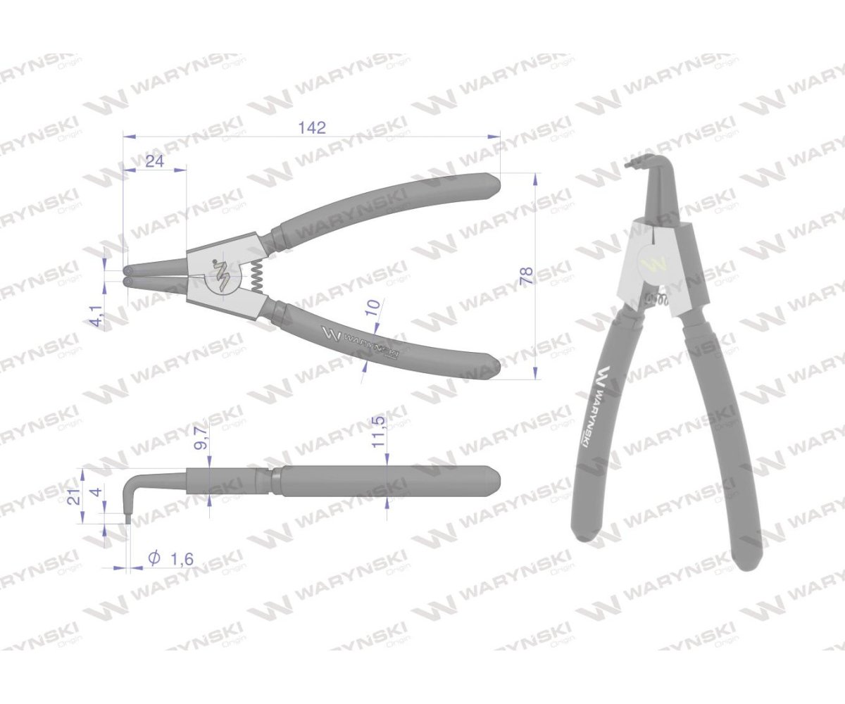 Szczypce do pierścieni osadczych 150 mm zewnętrzne wygięte Waryński
