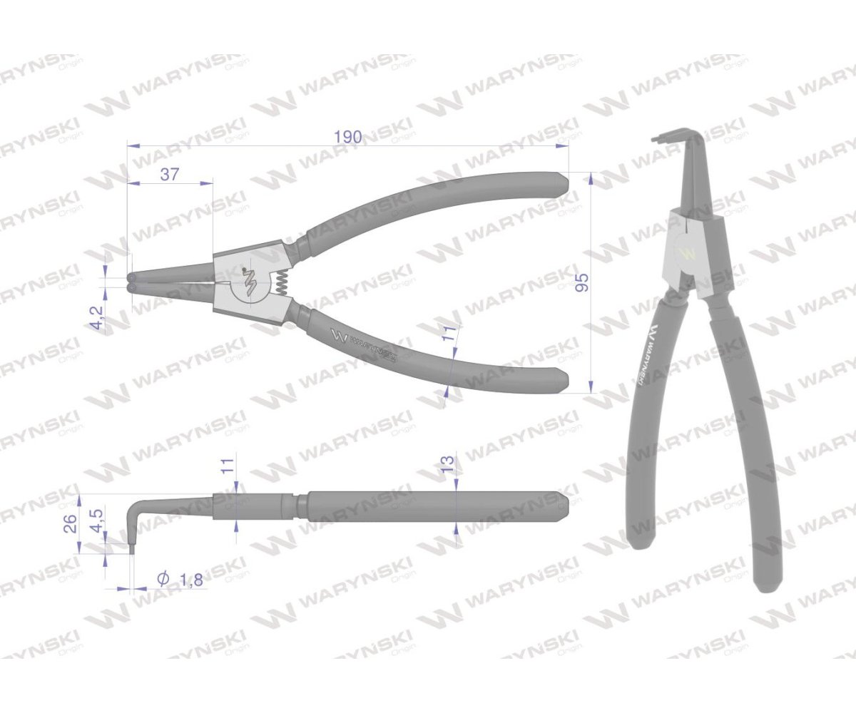 Szczypce do pierścieni osadczych 200 mm zewnętrzne wygięte Waryński
