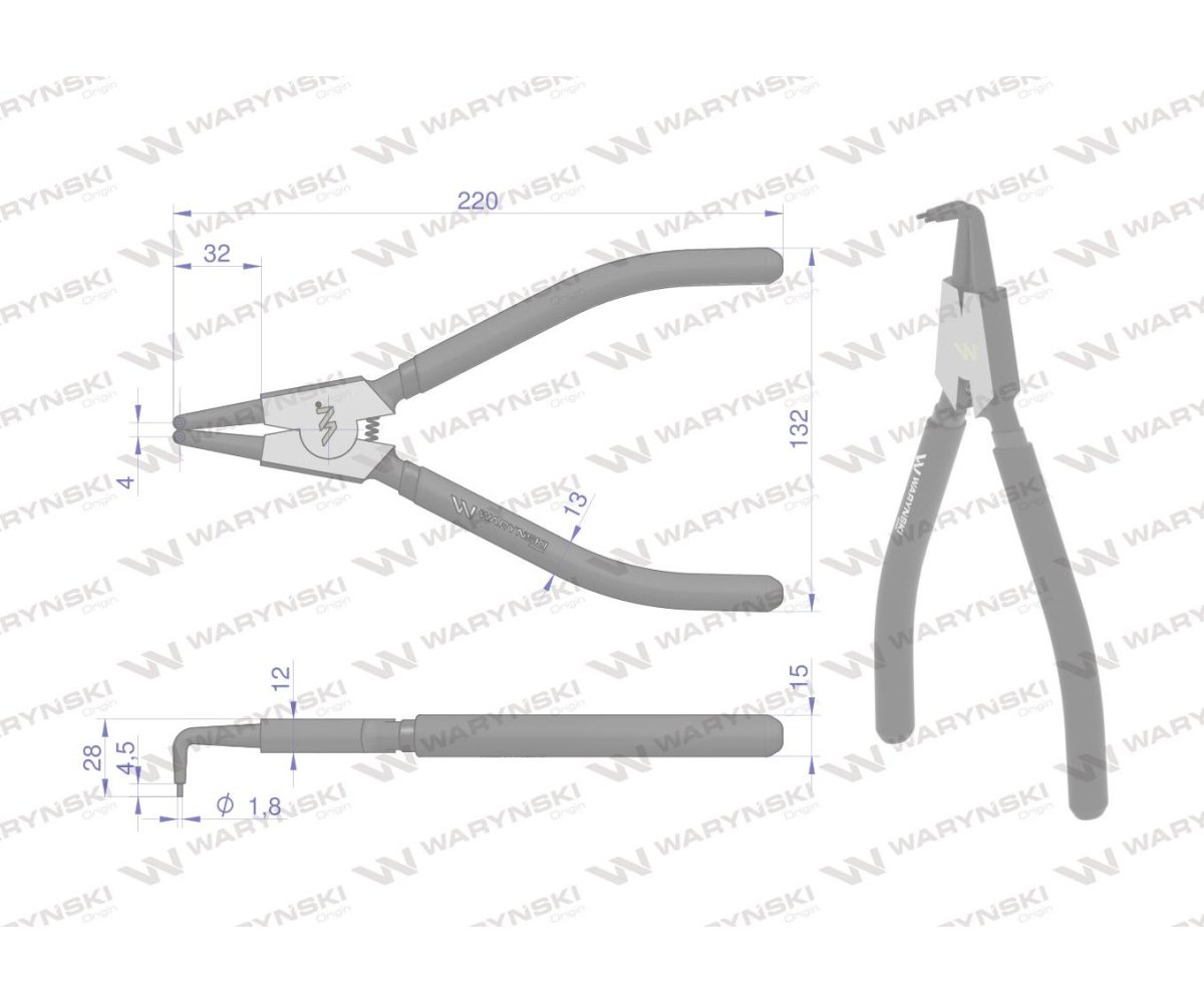 Szczypce do pierścieni osadczych 240 mm zewnętrzne wygięte Waryński