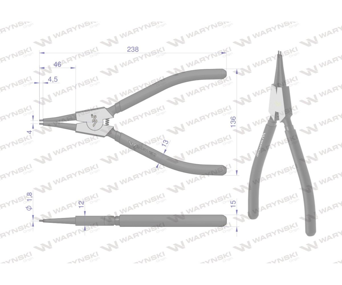 Szczypce do pierścieni osadczych 240 mm zewnętrzne proste Waryński