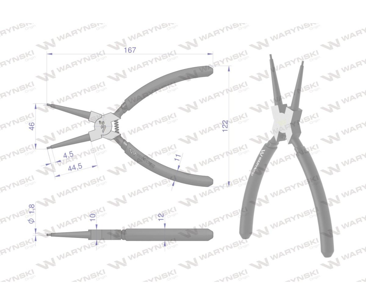 Szczypce do pierścieni osadczych 180 mm wewnętrzne proste Waryński