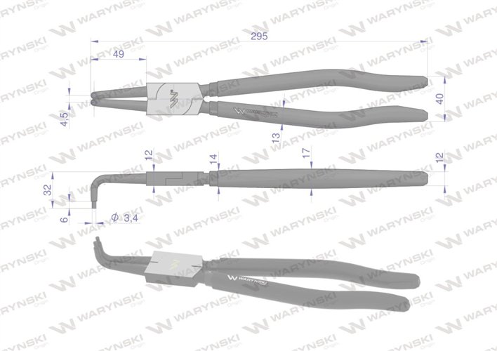 Szczypce do pierścieni osadczych 300 mm wewnętrzne wygięte Waryński