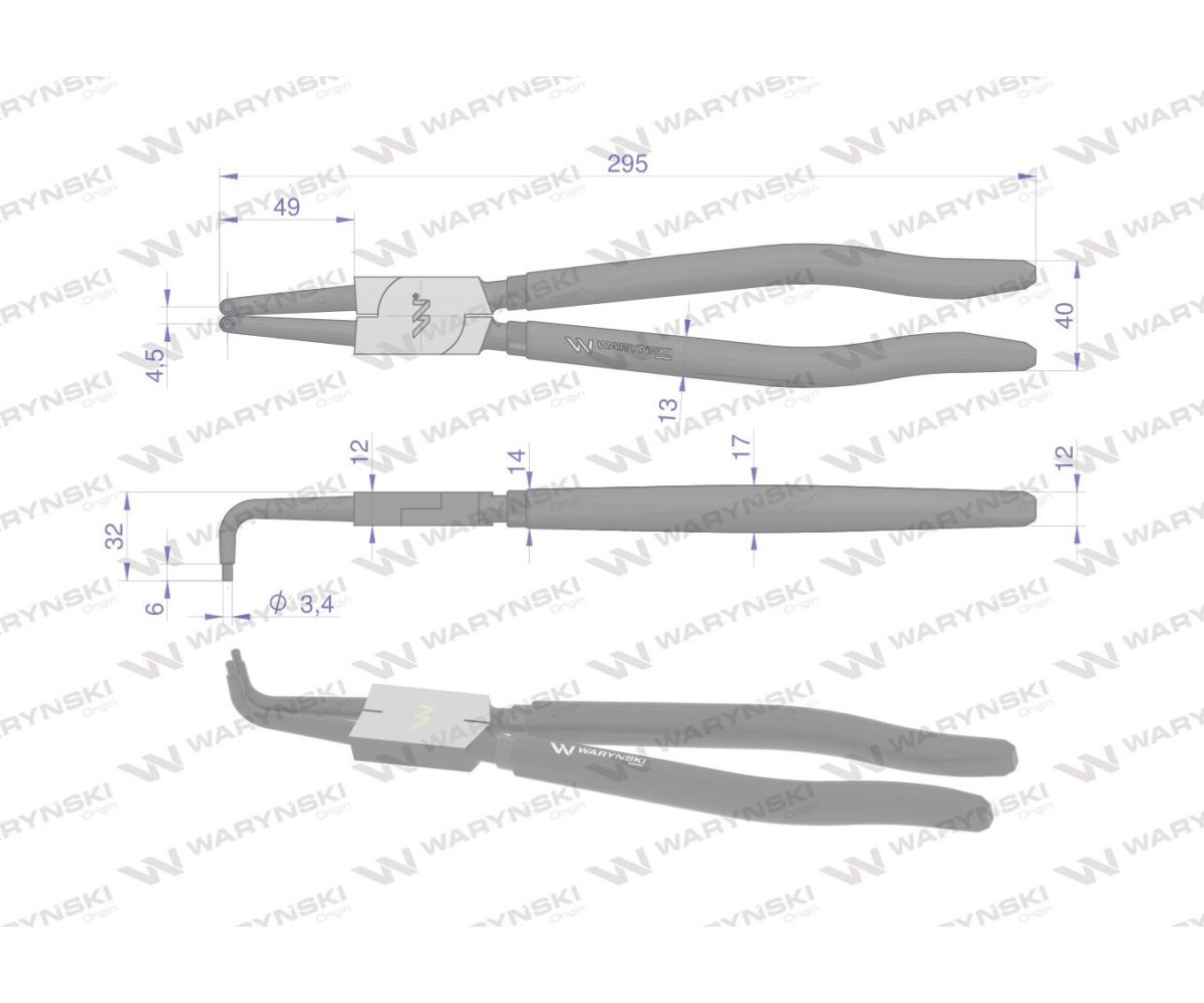 Szczypce do pierścieni osadczych 300 mm wewnętrzne wygięte Waryński