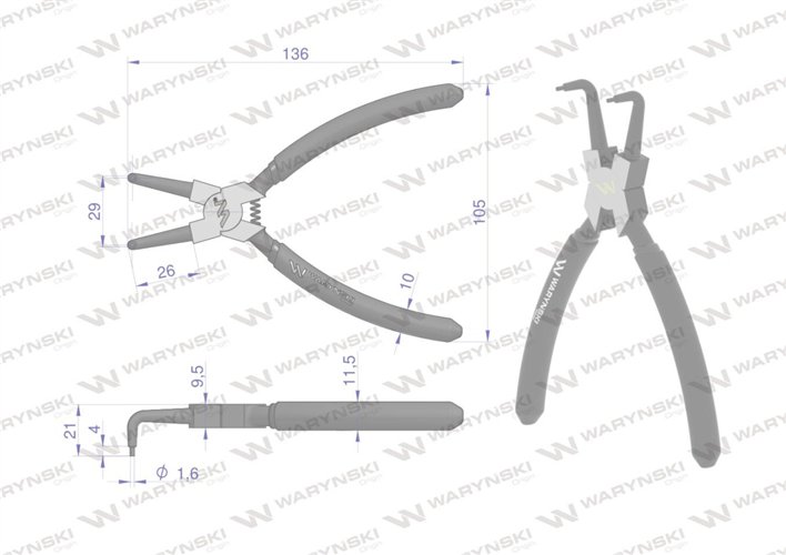 Szczypce do pierścieni osadczych 150 mm wewnętrzne wygięte Waryński