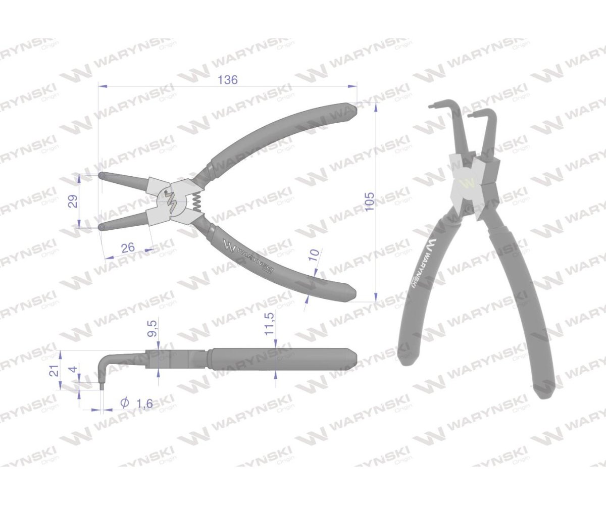 Szczypce do pierścieni osadczych 150 mm wewnętrzne wygięte Waryński