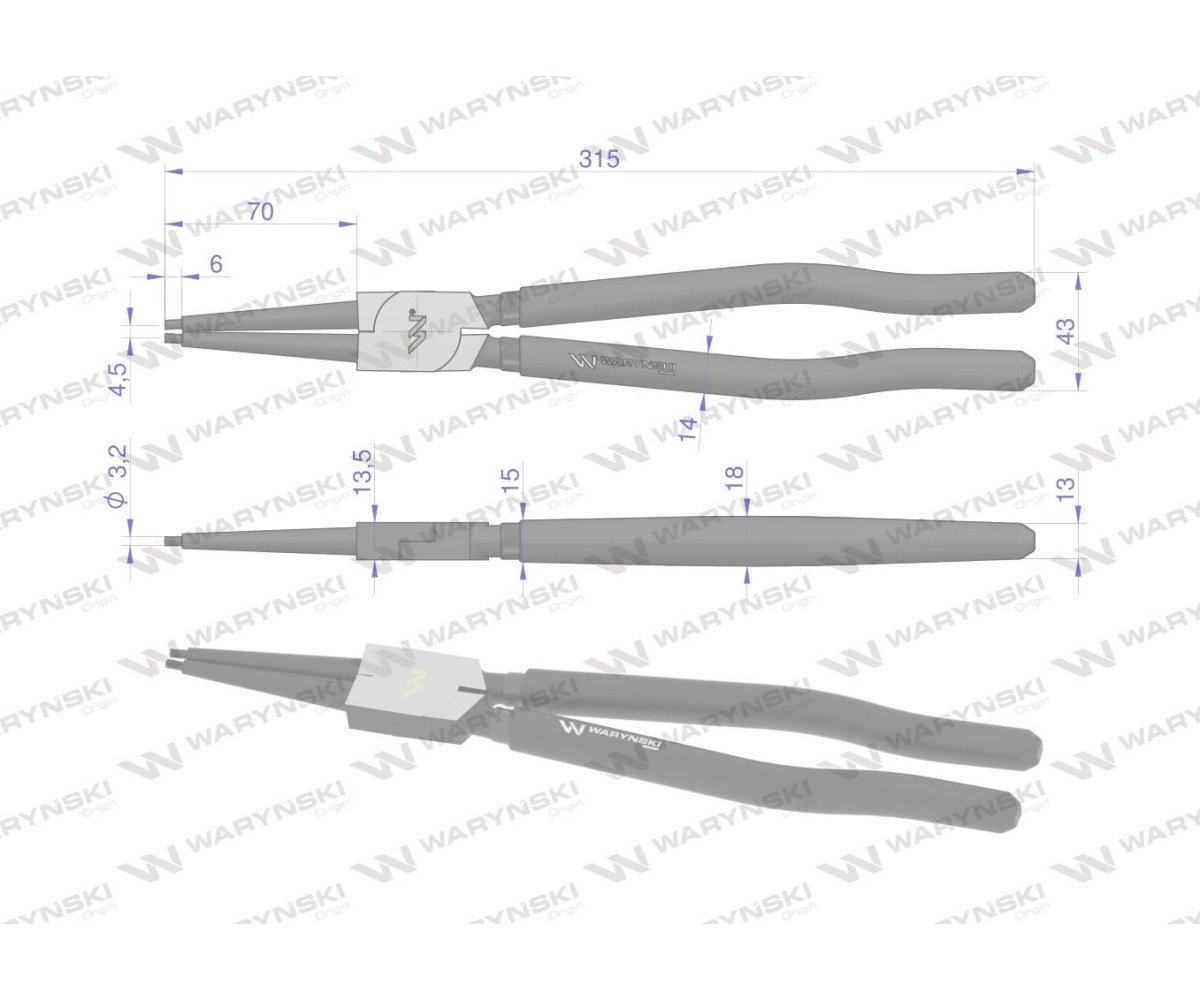 Szczypce do pierścieni osadczych 300 mm wewnętrzne proste Waryński