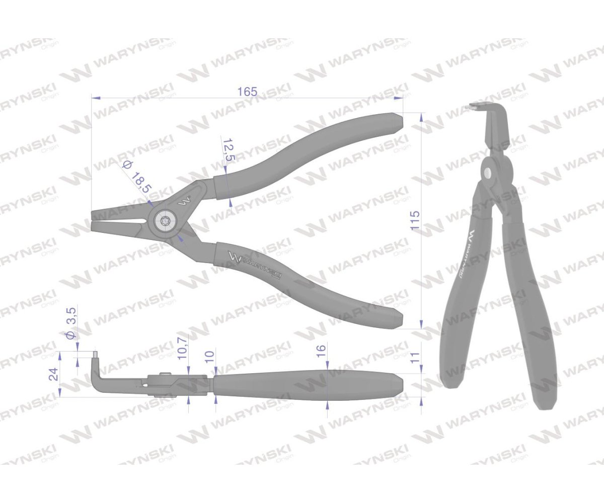 Specjalistyczne szczypce do pierścieni osadczych 178 mm zewnętrzne wygięte Waryński