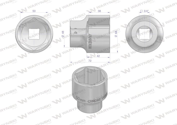 Nasadka sześciokątna 3/4". 50 mm. CrV50BV30. DIN 3124. Waryński