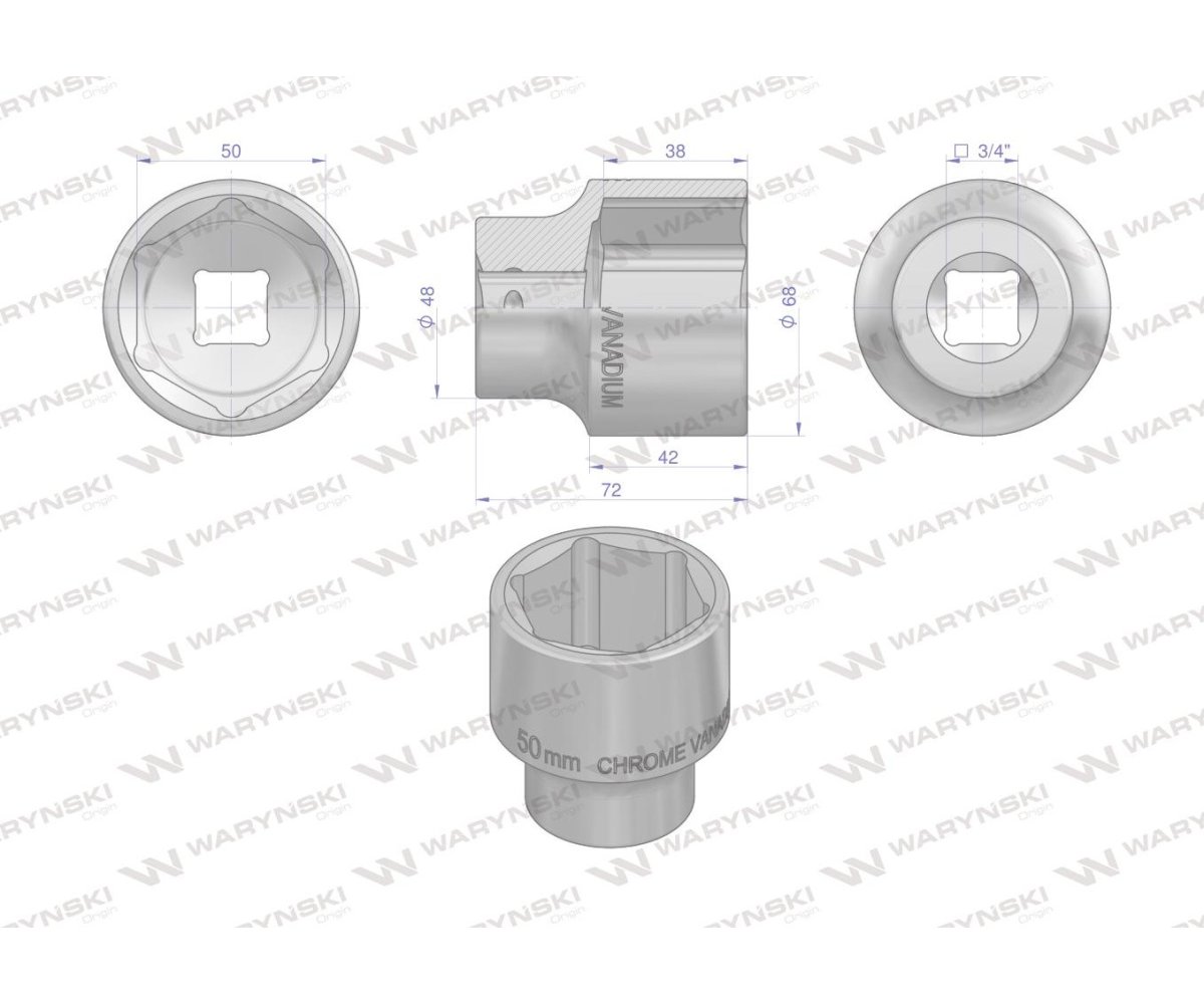 Nasadka sześciokątna 3/4". 50 mm. CrV50BV30. DIN 3124. Waryński