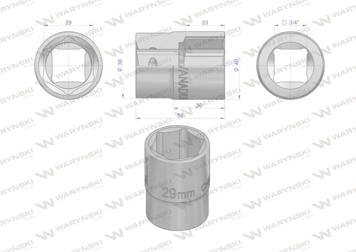 Nasadka sześciokątna 3/4". 29 mm. CrV50BV30. DIN 3124. Waryński