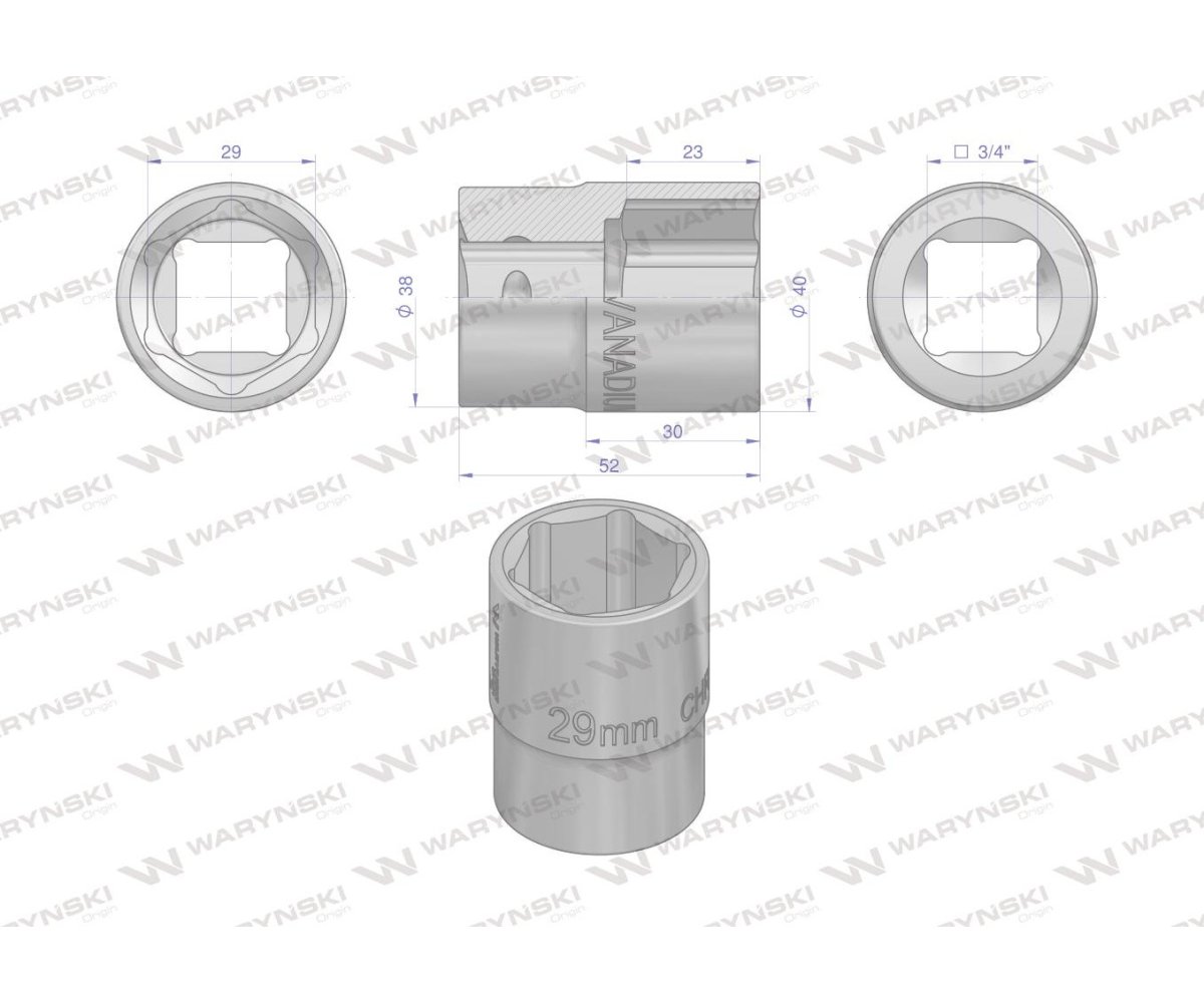 Nasadka sześciokątna 3/4". 29 mm. CrV50BV30. DIN 3124. Waryński