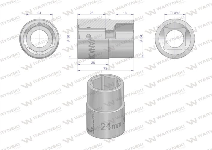 Nasadka sześciokątna 3/4". 24 mm. CrV50BV30. DIN 3124. Waryński