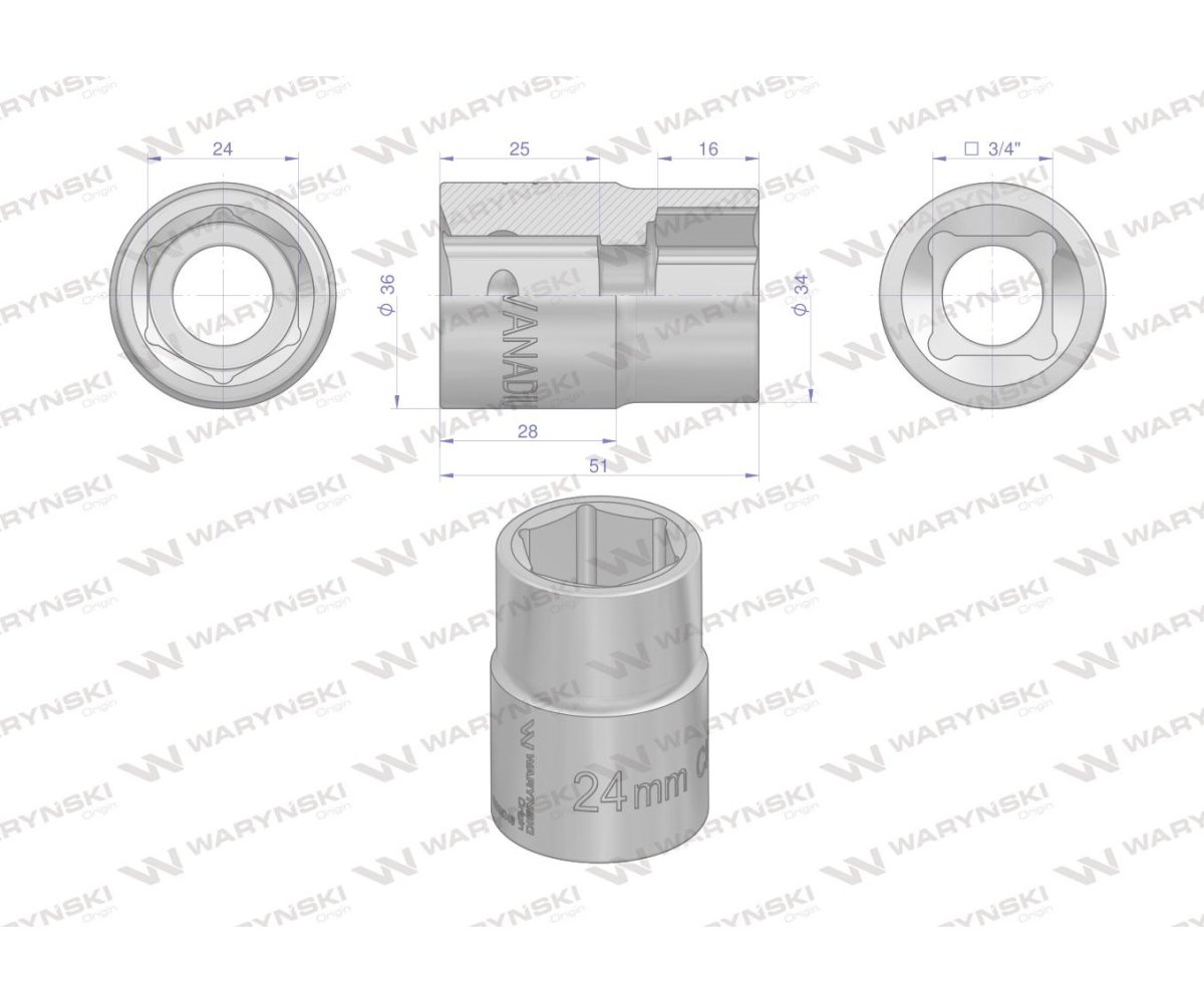 Nasadka sześciokątna 3/4". 24 mm. CrV50BV30. DIN 3124. Waryński