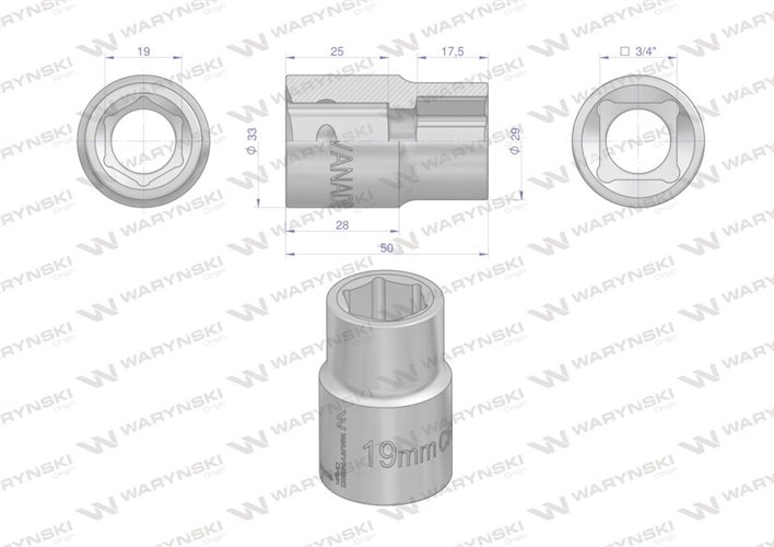 Nasadka sześciokątna 3/4". 19 mm. CrV50BV30. DIN 3124. Waryński